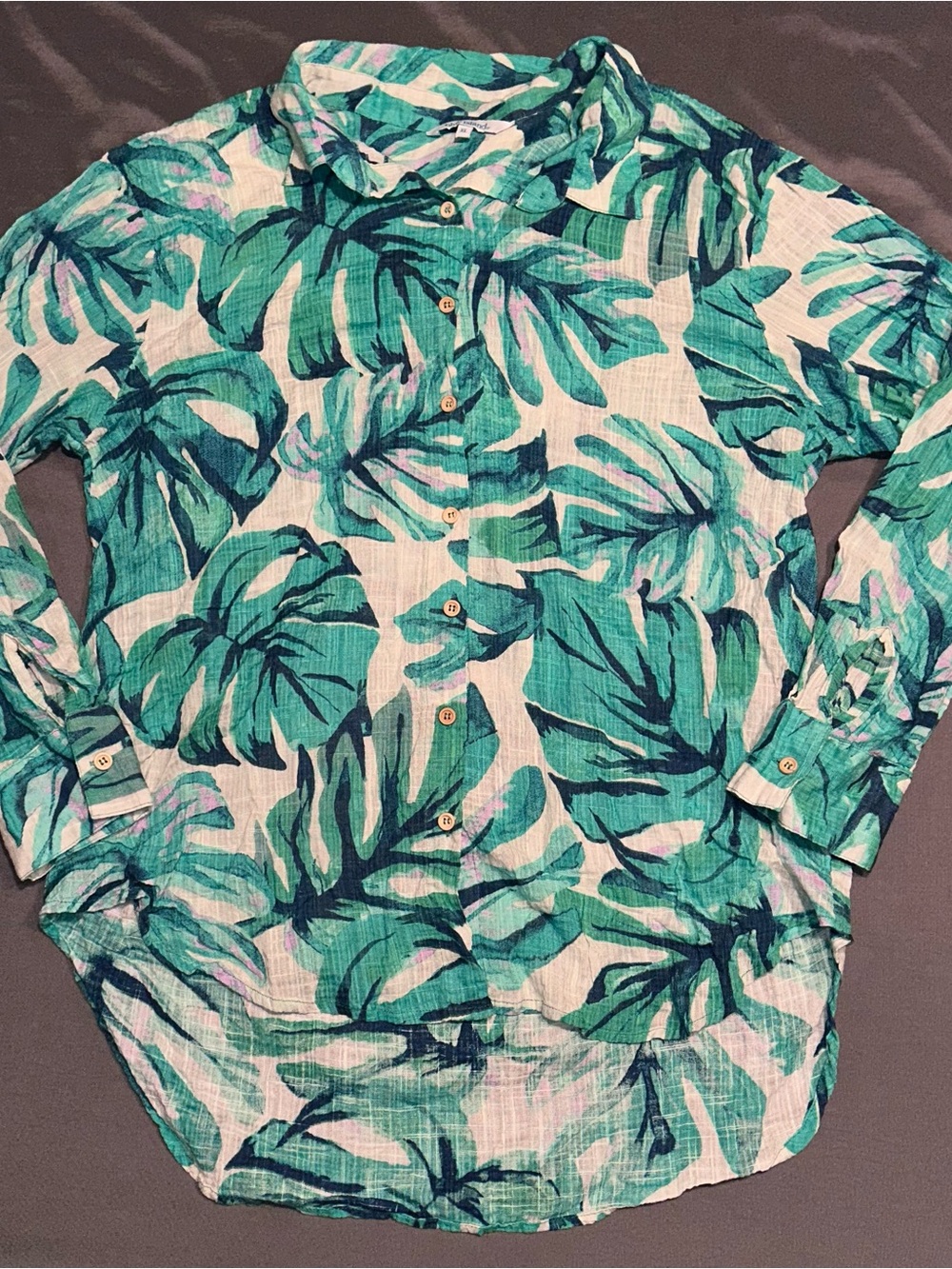 Blue Island Green White & Blue Tropical Palm Leaf Button Down Shirt